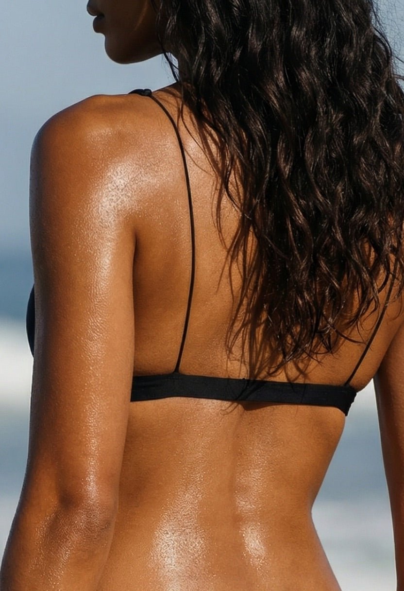 Elara black scoop bikini top on model, close-up back view