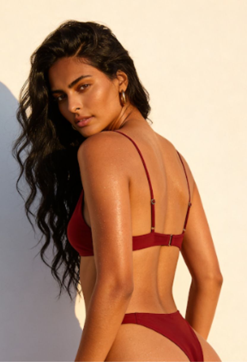 Elara burgundy bikini top on model, back view with adjustable straps