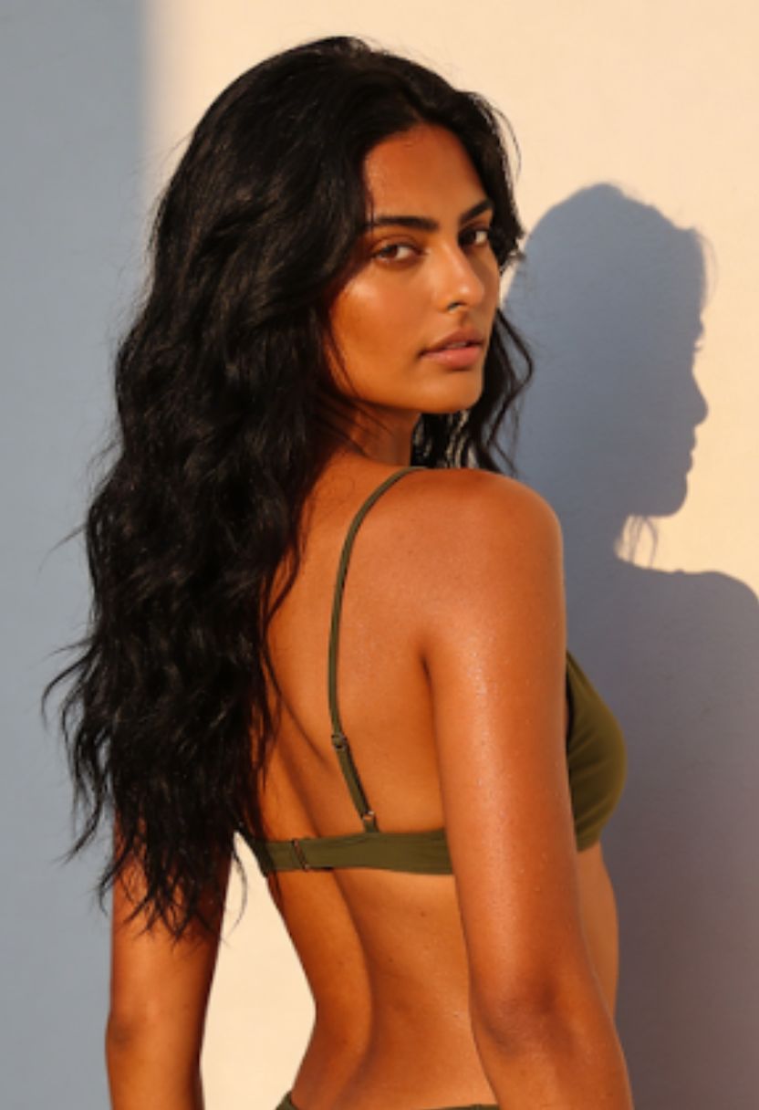 Elara olive bikini top on model, back view with adjustable straps