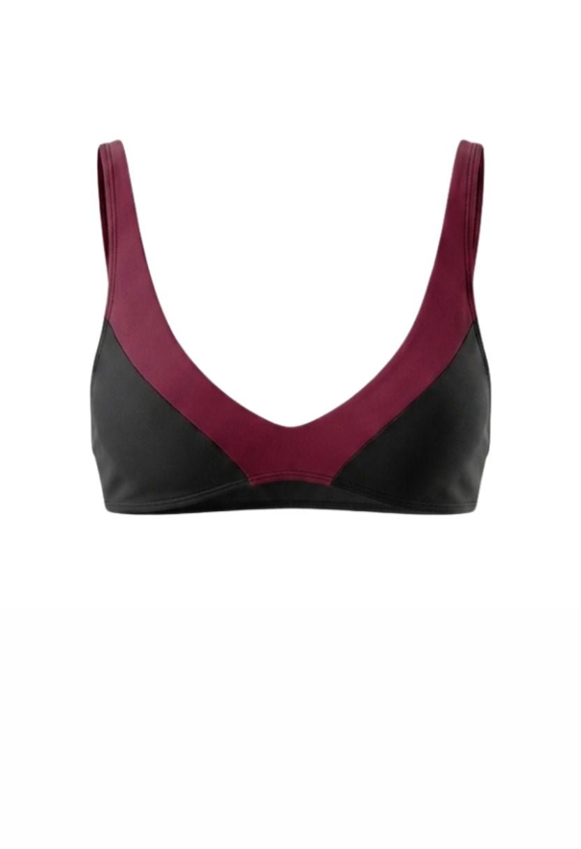 Elin black bikini top with burgundy V-panel, flat lay