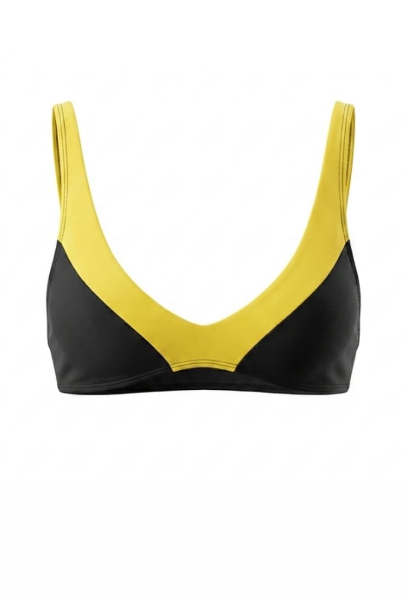 Elin black bikini top with yellow V-panel, flat lay