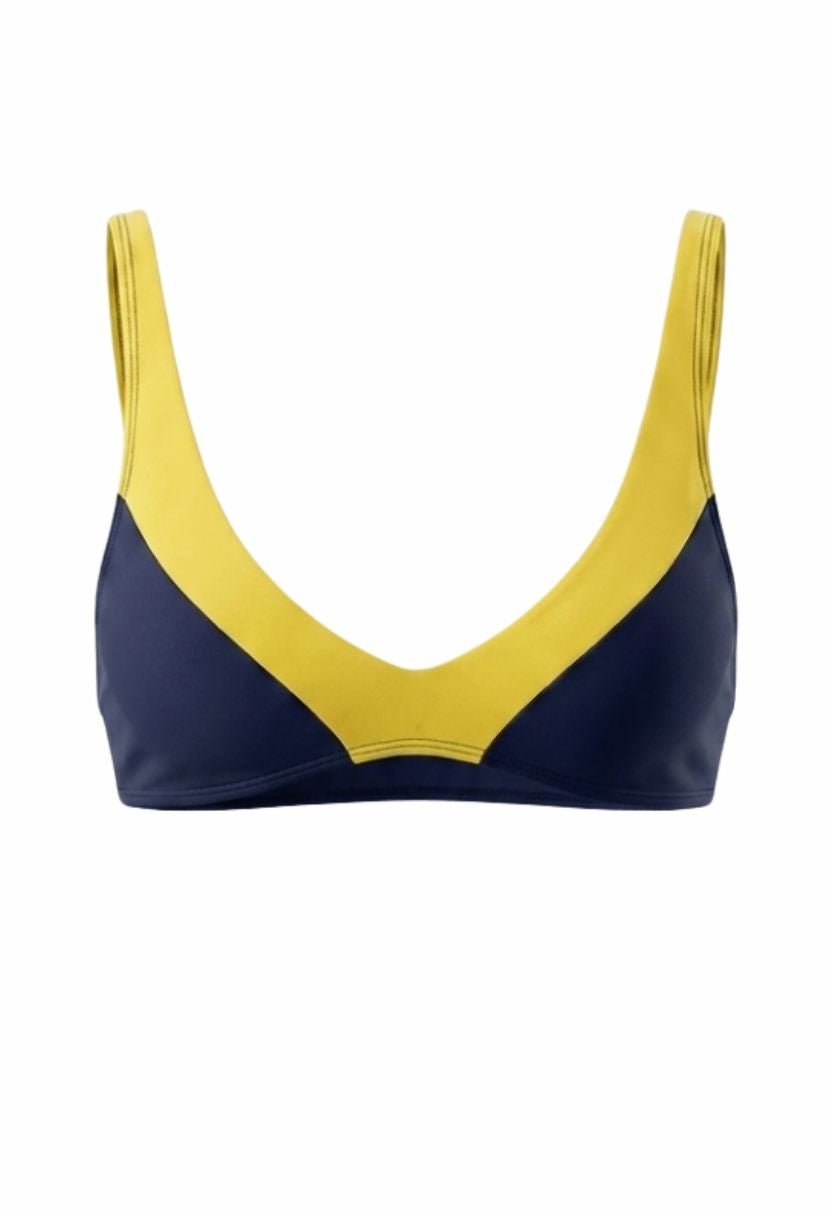 Elin navy bikini top with yellow V-panel, flat lay