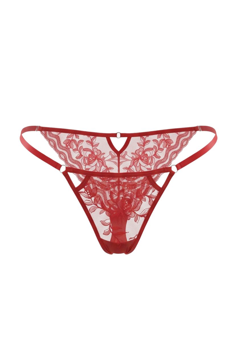 Ember red lace bikini with strappy cut-out front, product shot