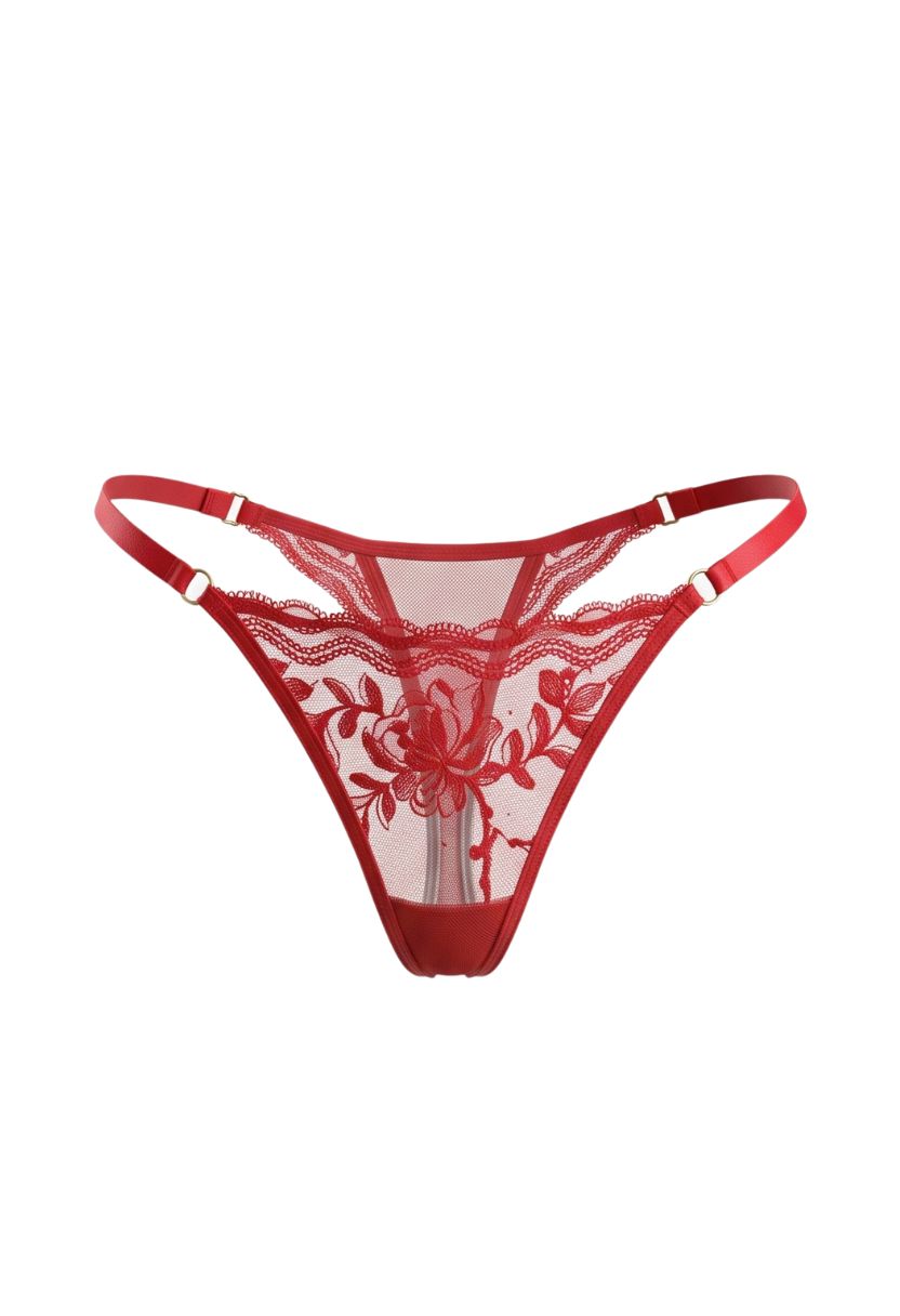 Ember red lace thong with ring-detail straps, product shot
