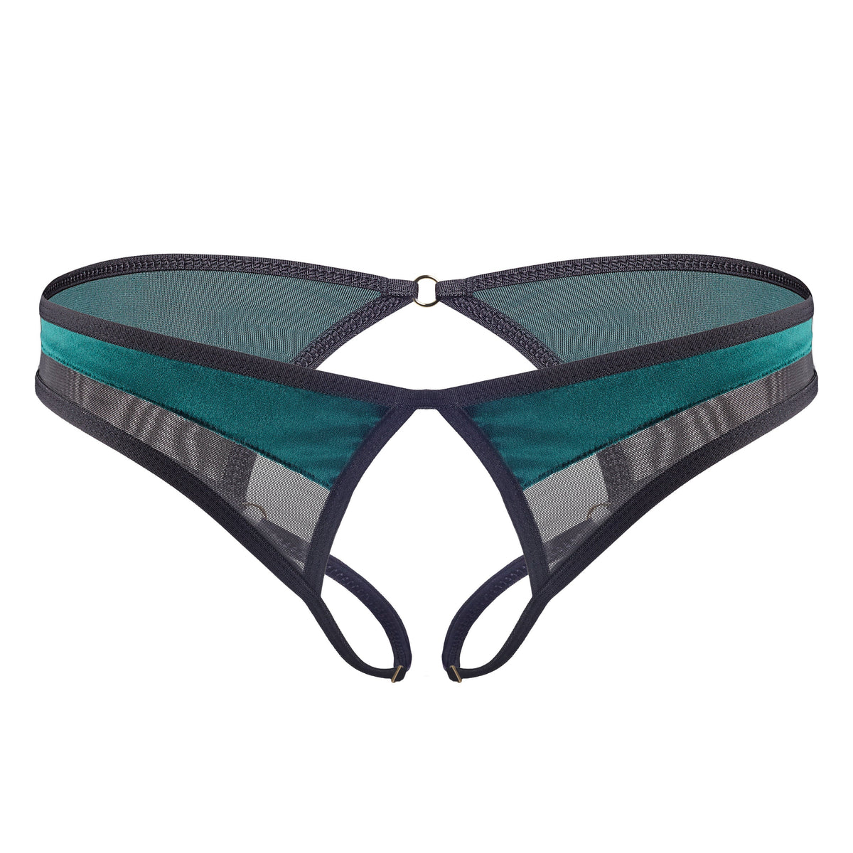 Emerald crotchless panty green velvet, ghost mannequin front view
