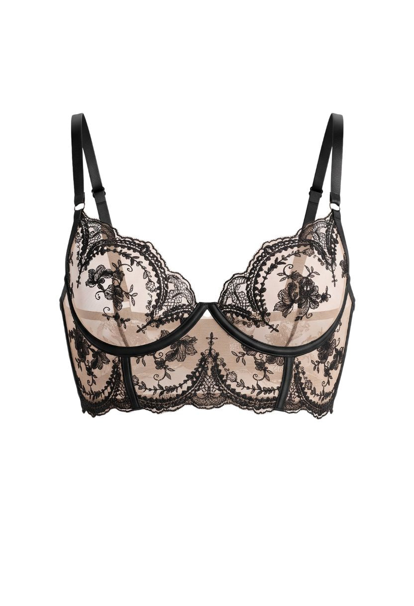 Emilia black embroidered longline bra, product shot