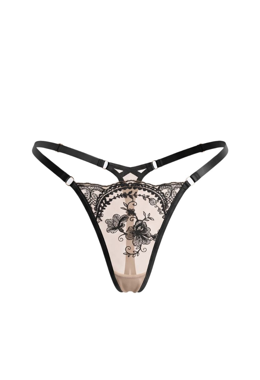 Emilia black embroidered V-string, product shot