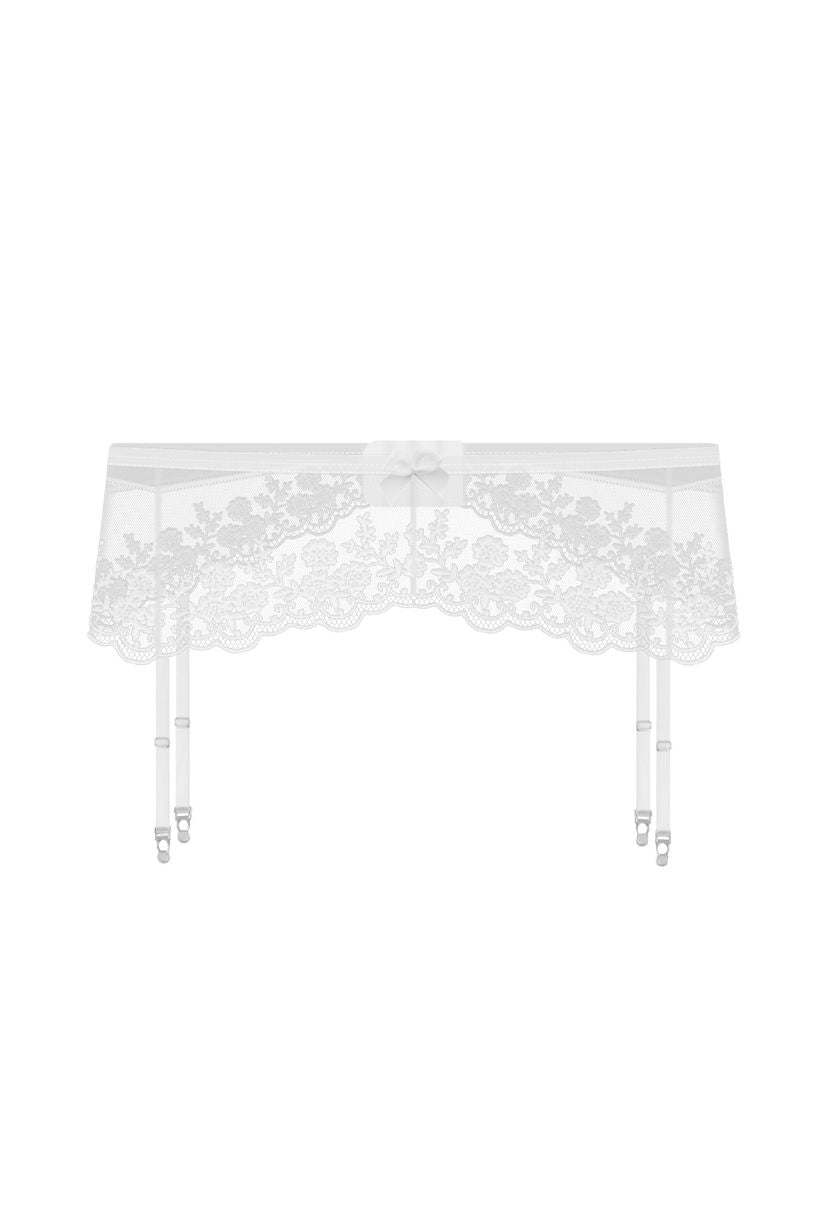 Erotica white garter belt with floral embroidered mesh, ghost mannequin front view