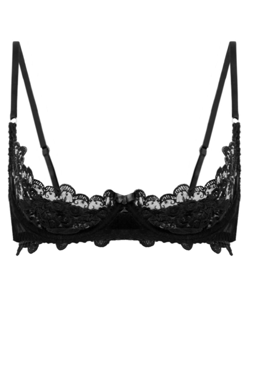Erotica black open-cup bra with floral embroidered mesh, product shot on white background