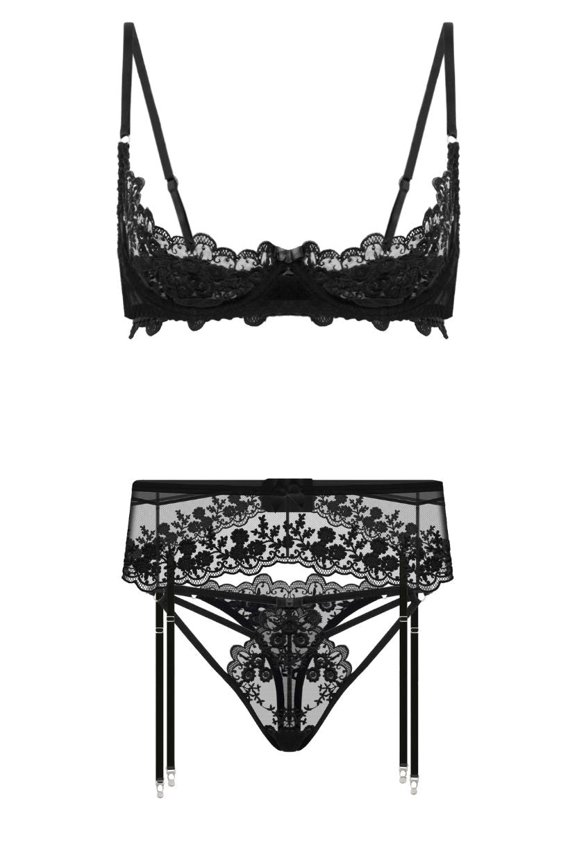 Erotica black floral lace bra, garter belt, and thong 3-piece set on ghost mannequin