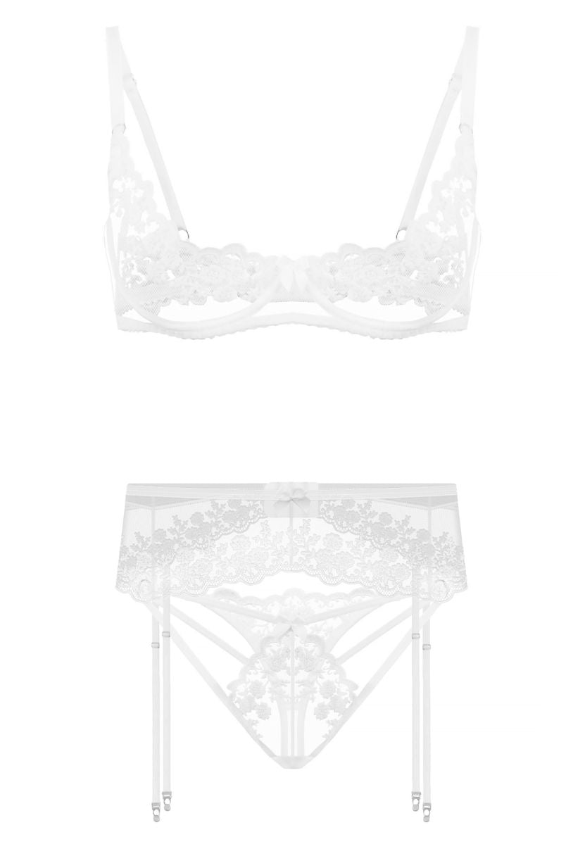 Erotica white floral lace bra, garter belt, and thong 3-piece set on ghost mannequin