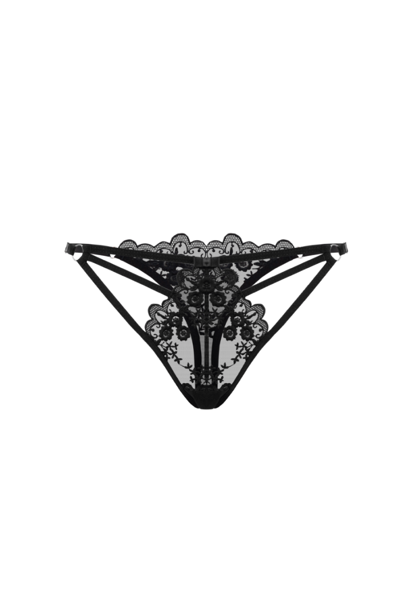 Erotica black embroidered mesh thong with geometric cut-out front, ghost mannequin