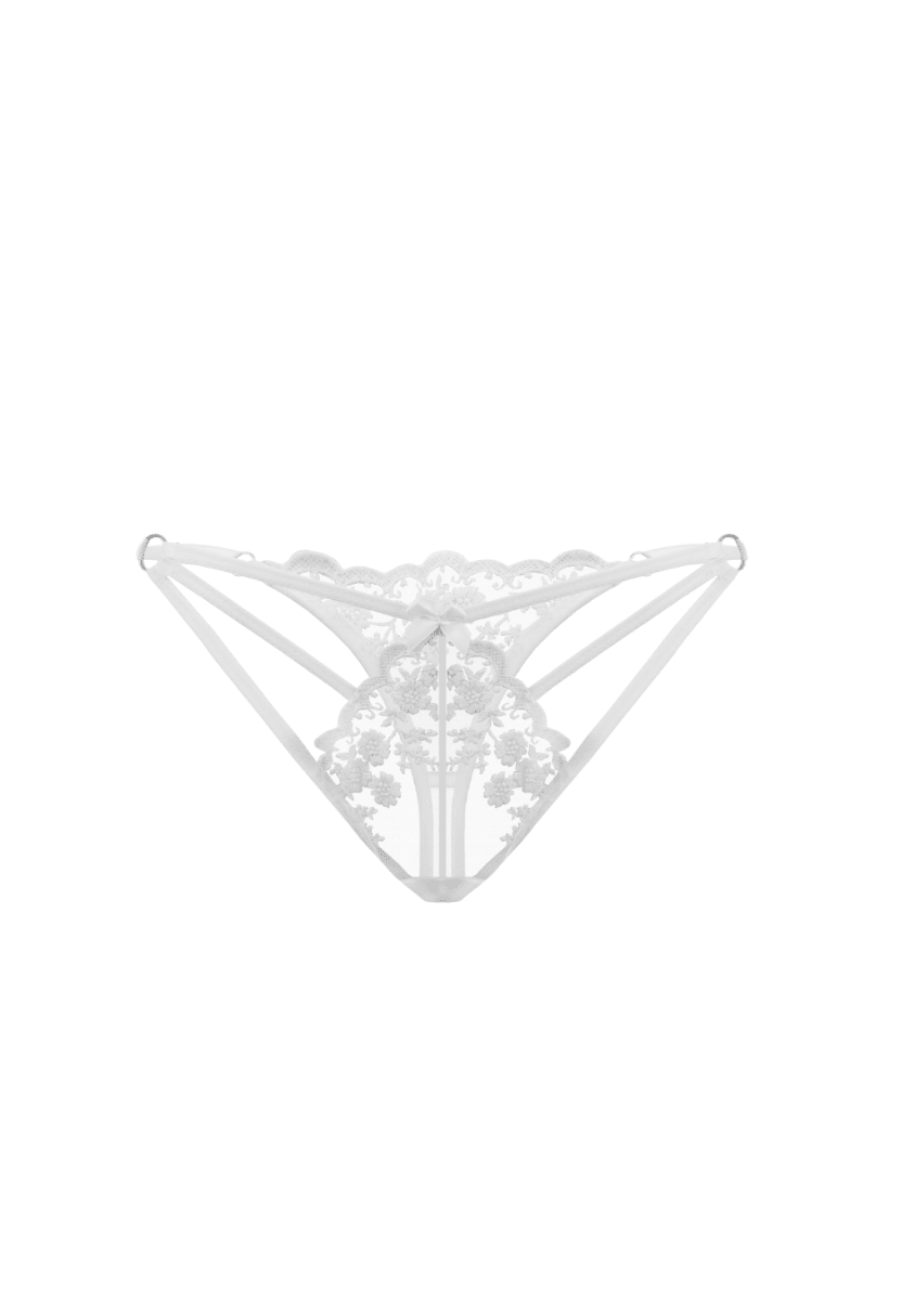 Erotica white embroidered mesh thong with geometric cut-out front, ghost mannequin
