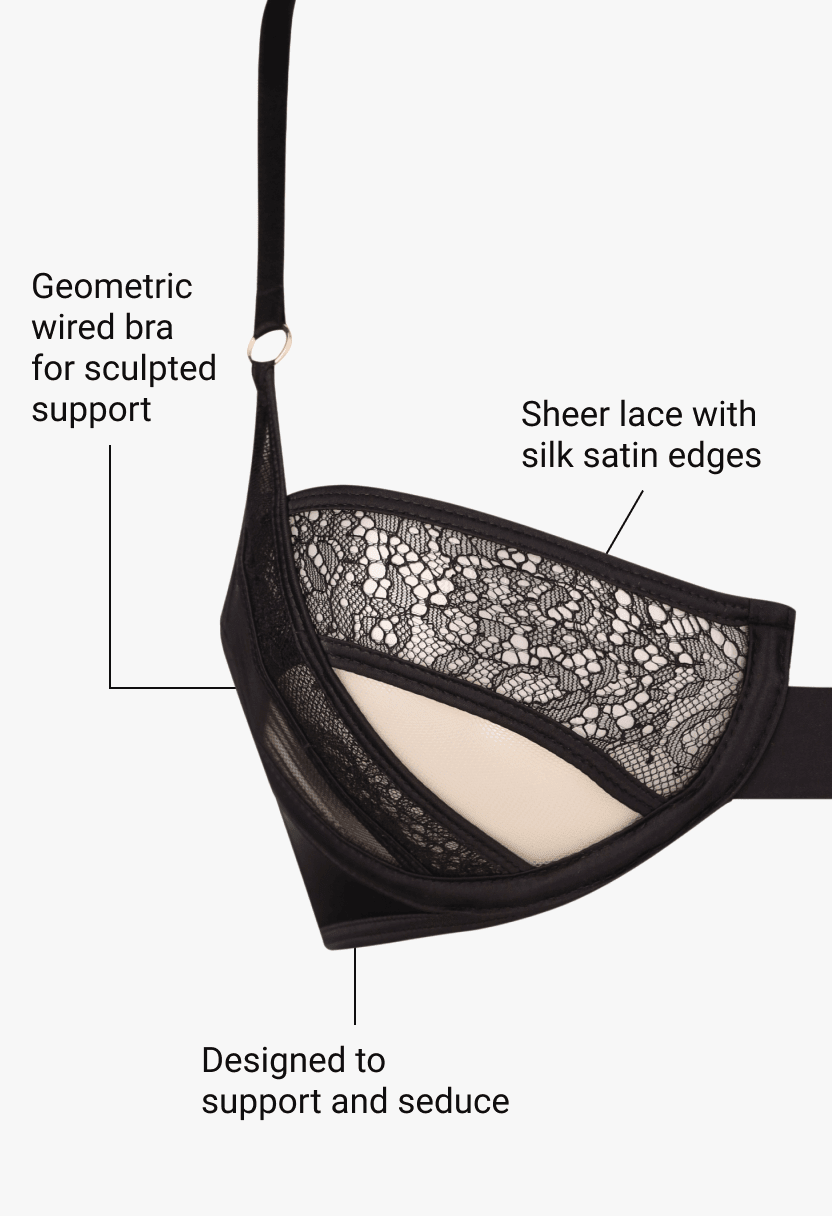 Esme black lace and mesh balconette bra with geometric panels