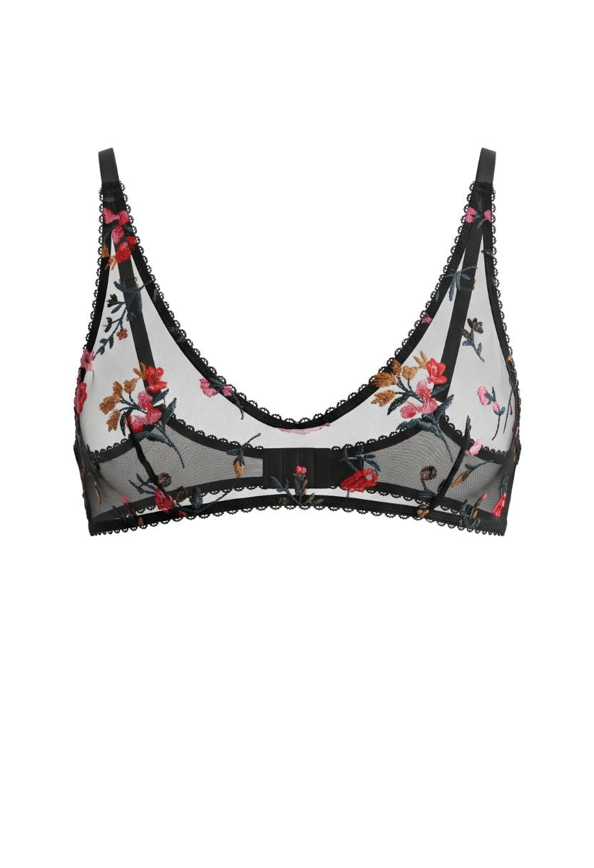 Fiora black plunge bralette with floral embroidery, product shot