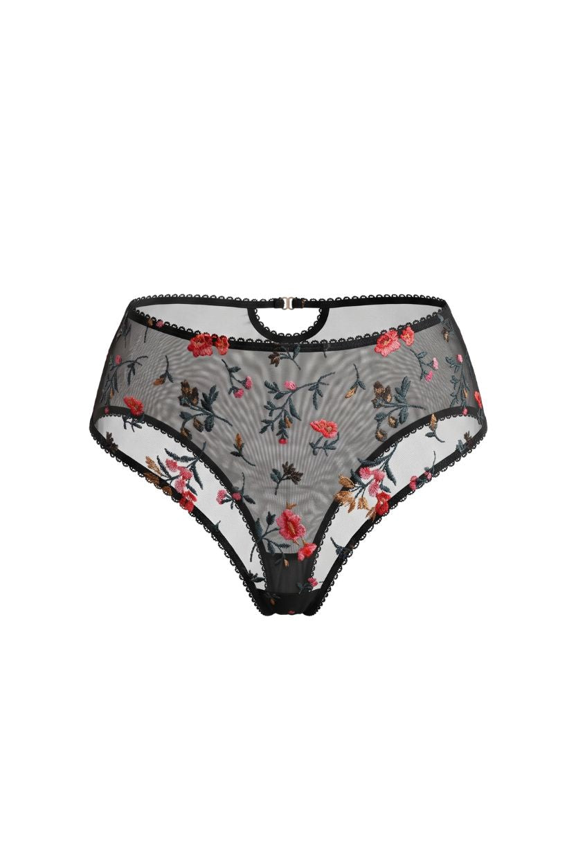 Fiora black high-waist brief with floral embroidery, product shot