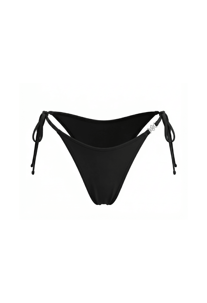 Gia black tie-side cheeky bikini bottom with metal ring detail, flat lay