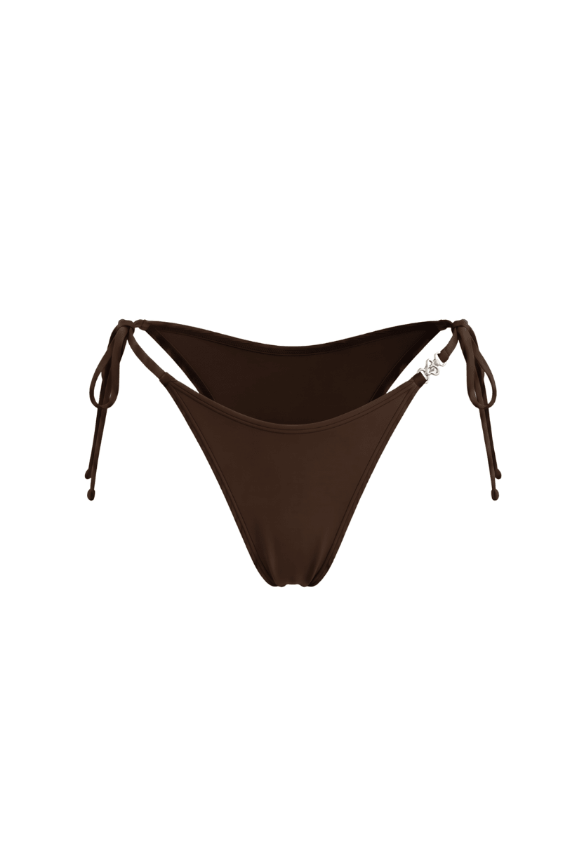 Brown tie-side cheeky bikini bottom flat lay with metal ring detail