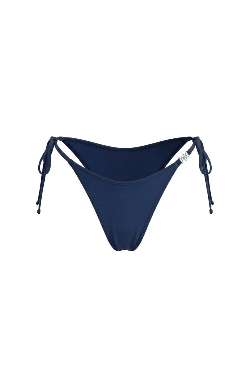 Gia navy tie-side cheeky bikini bottom, flat lay product shot