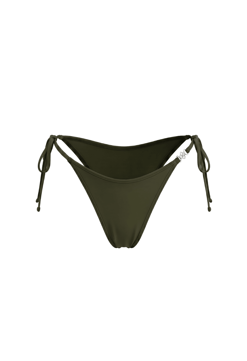 Gia olive tie-side cheeky bikini bottom, flat lay