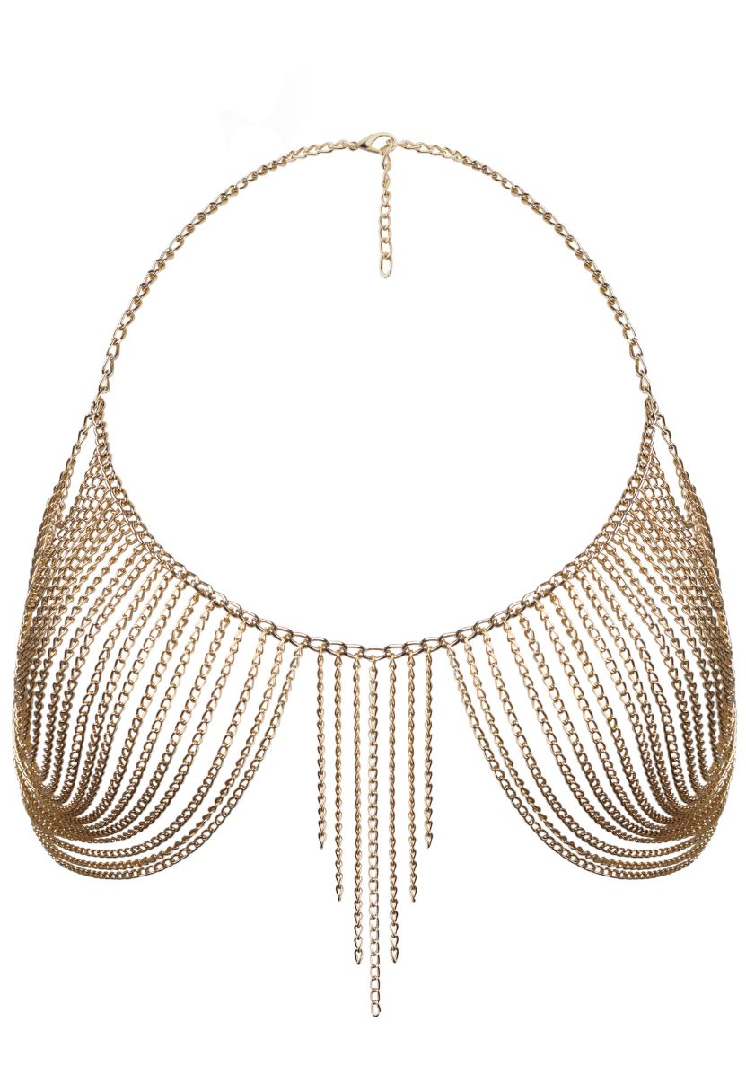 Goddess gold chain bra flat lay, cascading chain fringe cups
