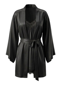 Grace black satin kimono robe with Grace lace-trim satin chemise, ghost mannequin front view