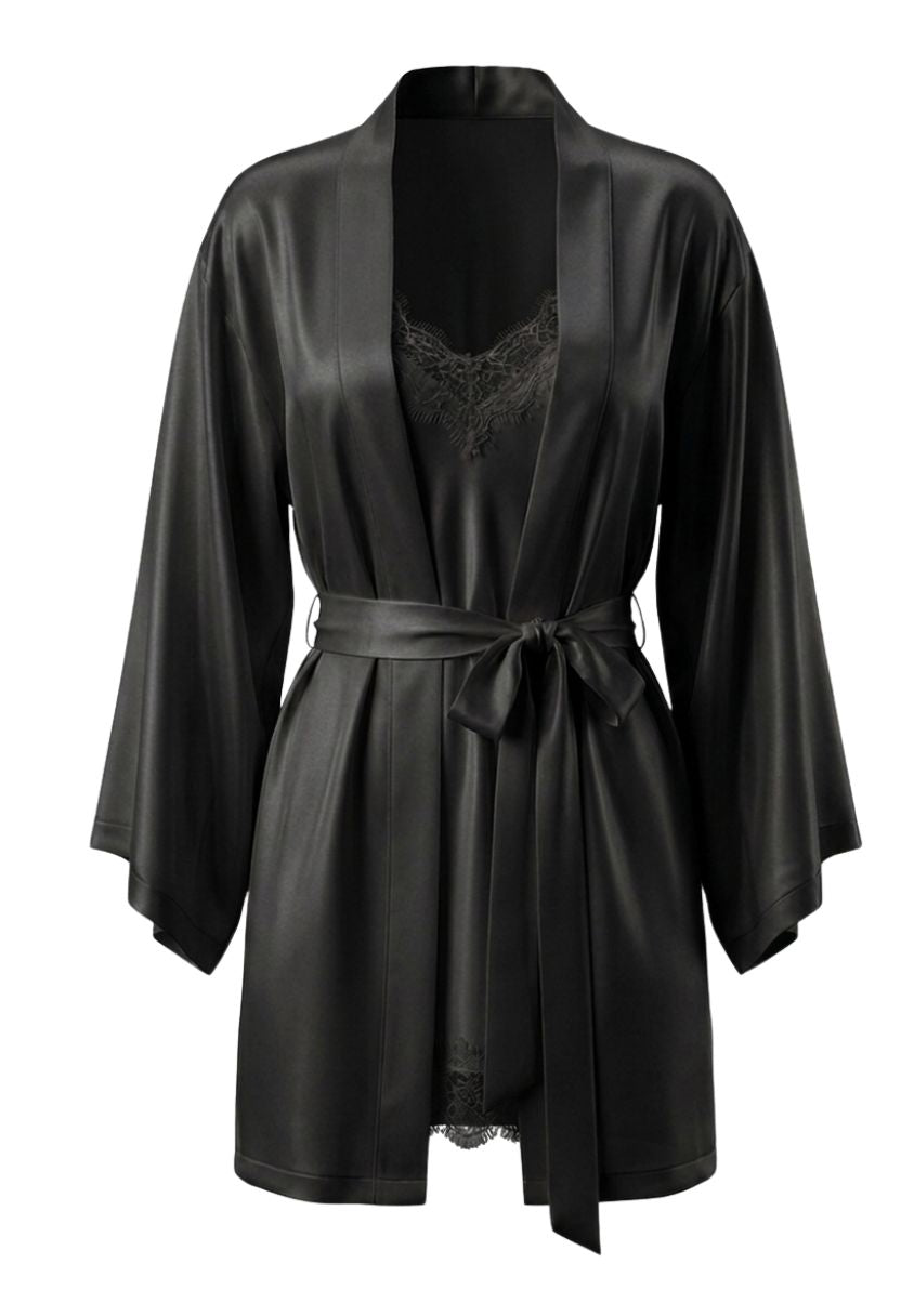 Grace black satin kimono robe with Grace lace-trim satin chemise, ghost mannequin front view