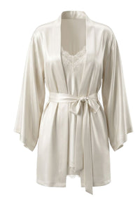 Grace ivory satin kimono robe with Grace lace-trim satin chemise, ghost mannequin front view