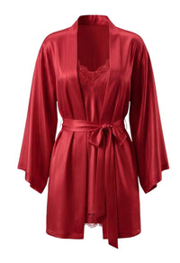 Grace red satin kimono robe with Grace lace-trim satin chemise, ghost mannequin front view