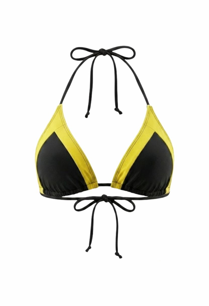 Iris triangle bikini top black and yellow colorblock flat lay