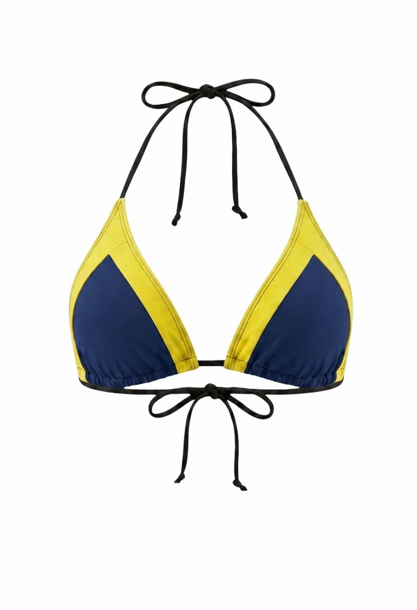 Iris triangle bikini top navy and yellow colorblock flat lay