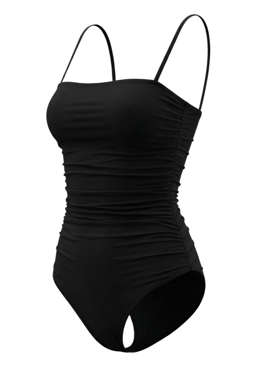 Kaia one-piece swimsuit black, ghost mannequin, square neckline and ruched sides