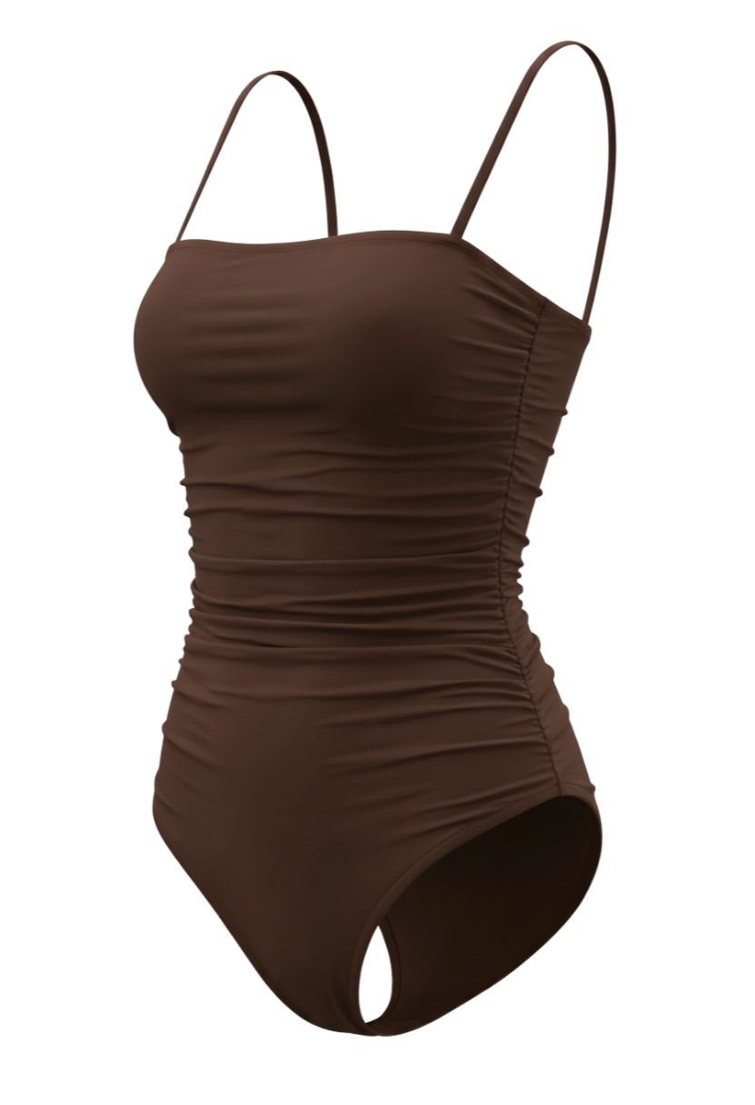 Kaia one-piece swimsuit brown, ghost mannequin, square neckline and ruched sides