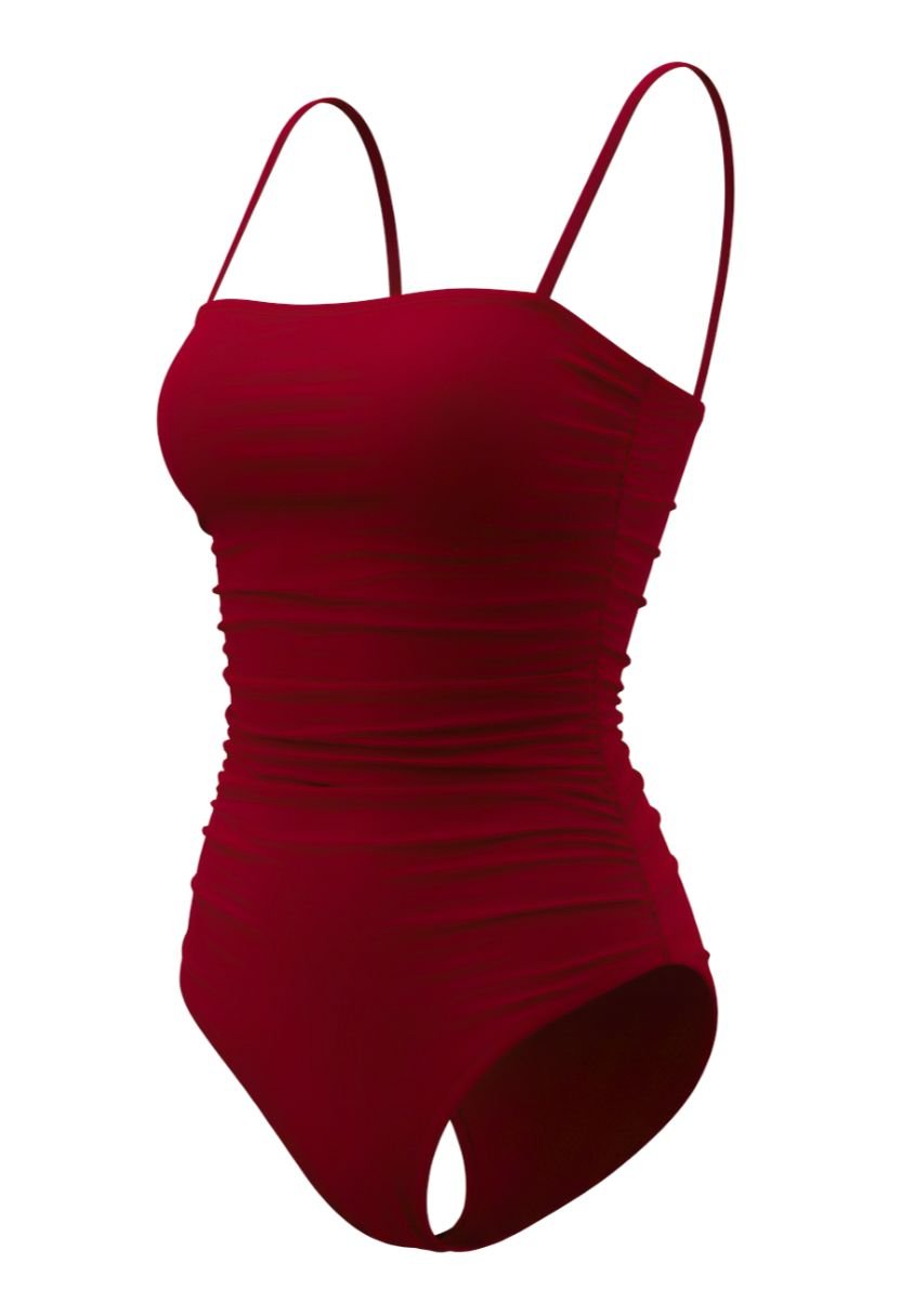 Kaia one-piece swimsuit burgundy, ghost mannequin, square neckline and ruched sides