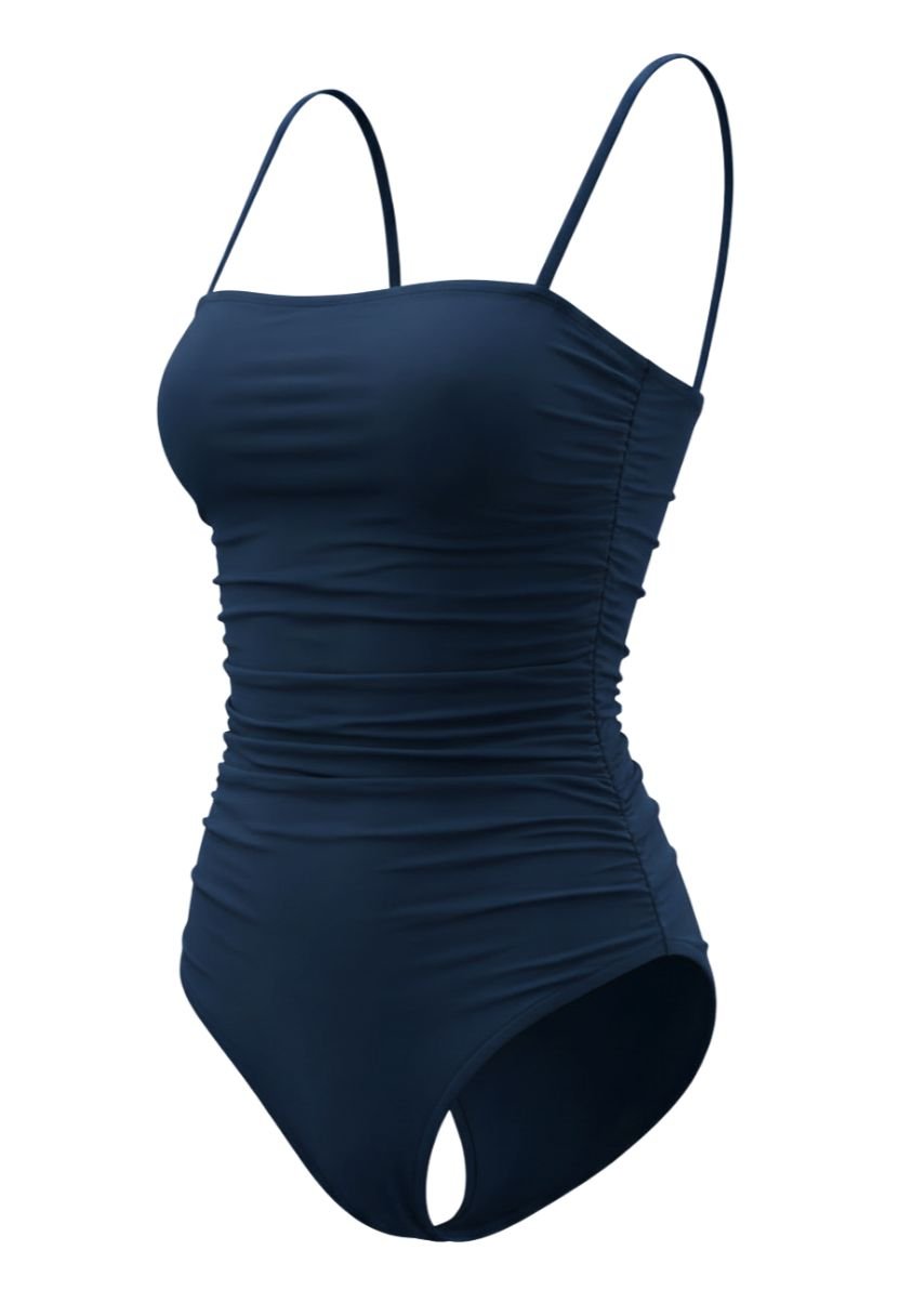 Kaia one-piece swimsuit navy, ghost mannequin, square neckline and ruched sides
