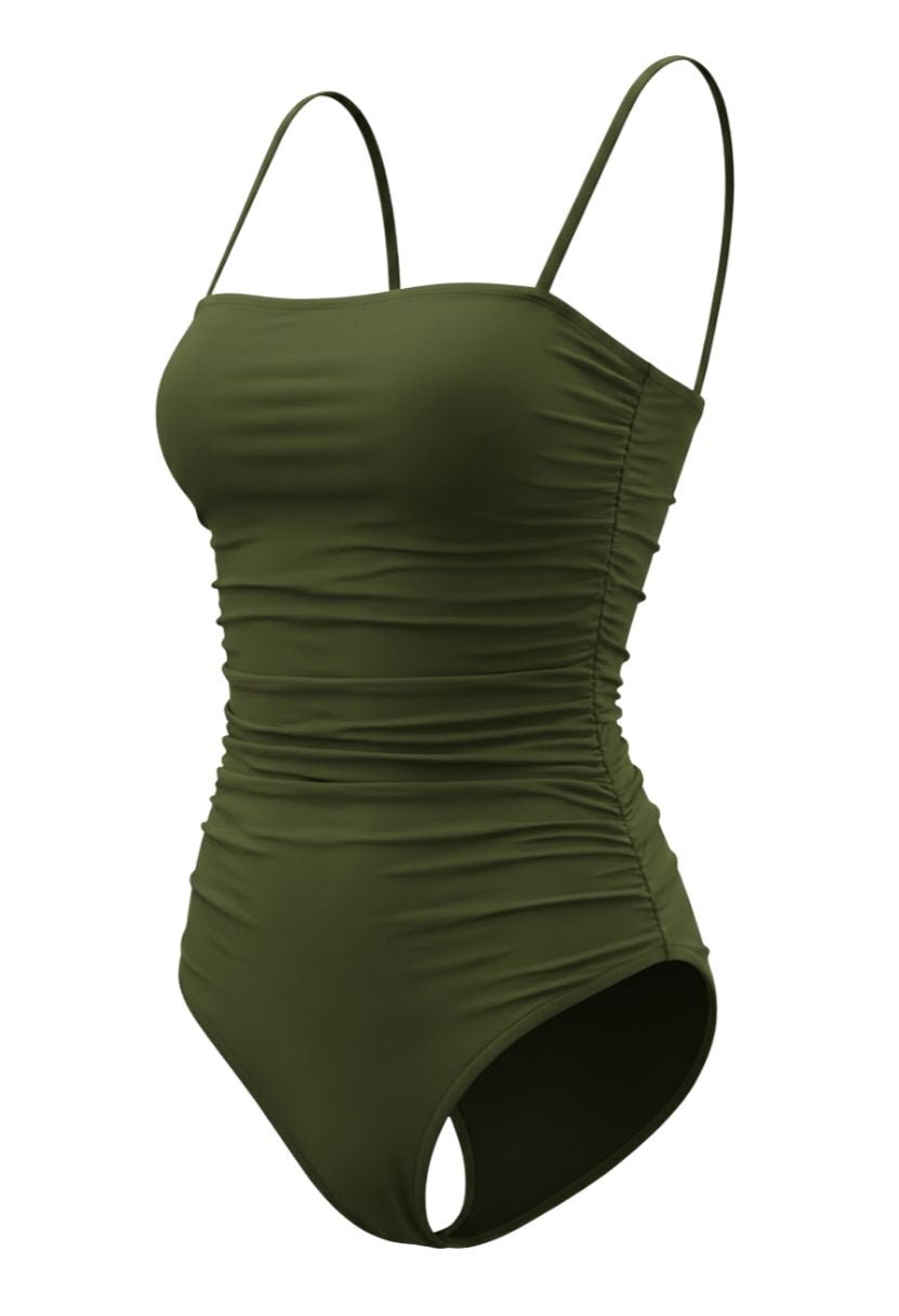 Kaia one-piece swimsuit olive, ghost mannequin, square neckline and ruched sides