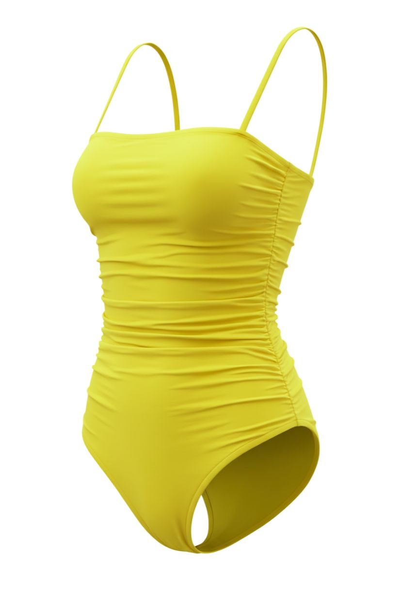 Kaia one-piece swimsuit yellow, ghost mannequin, square neckline and ruched sides