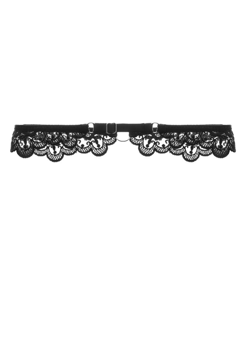 Black lace leg garter with scalloped trim, product shot on white background