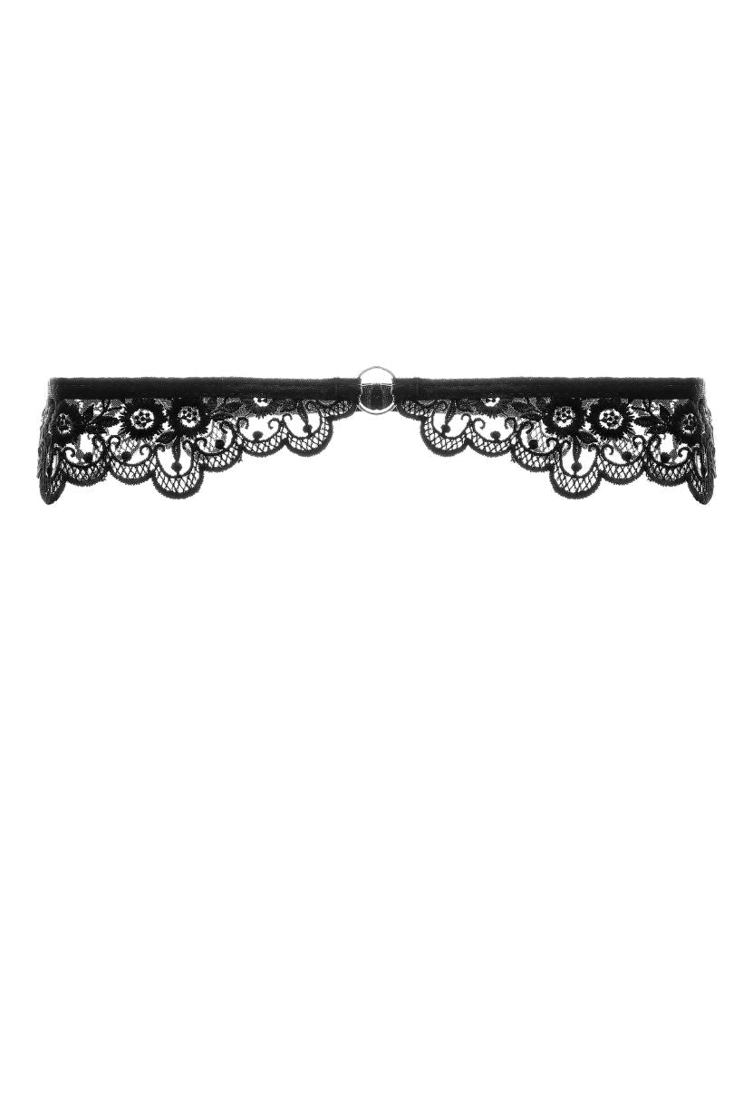Black lace leg garter with center metal ring detail, product shot on white background