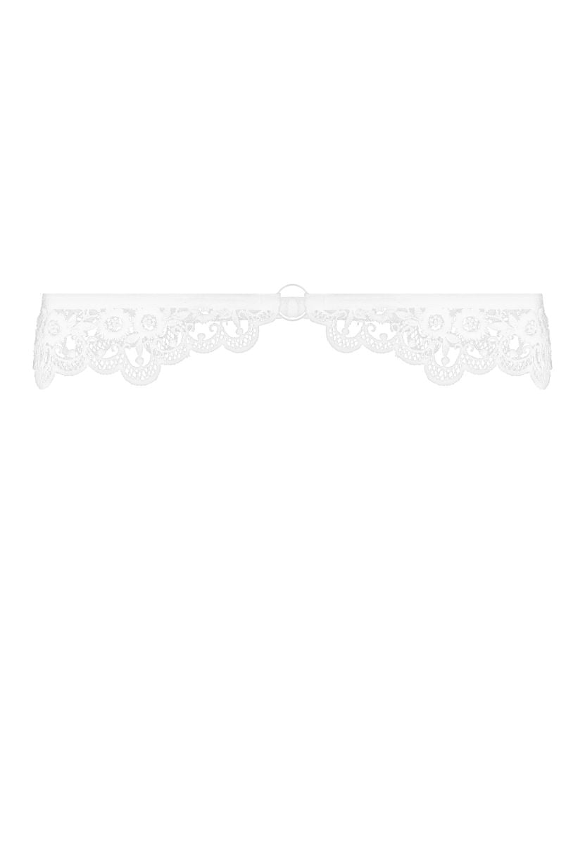 White lace leg garter with center metal ring, product shot on white background