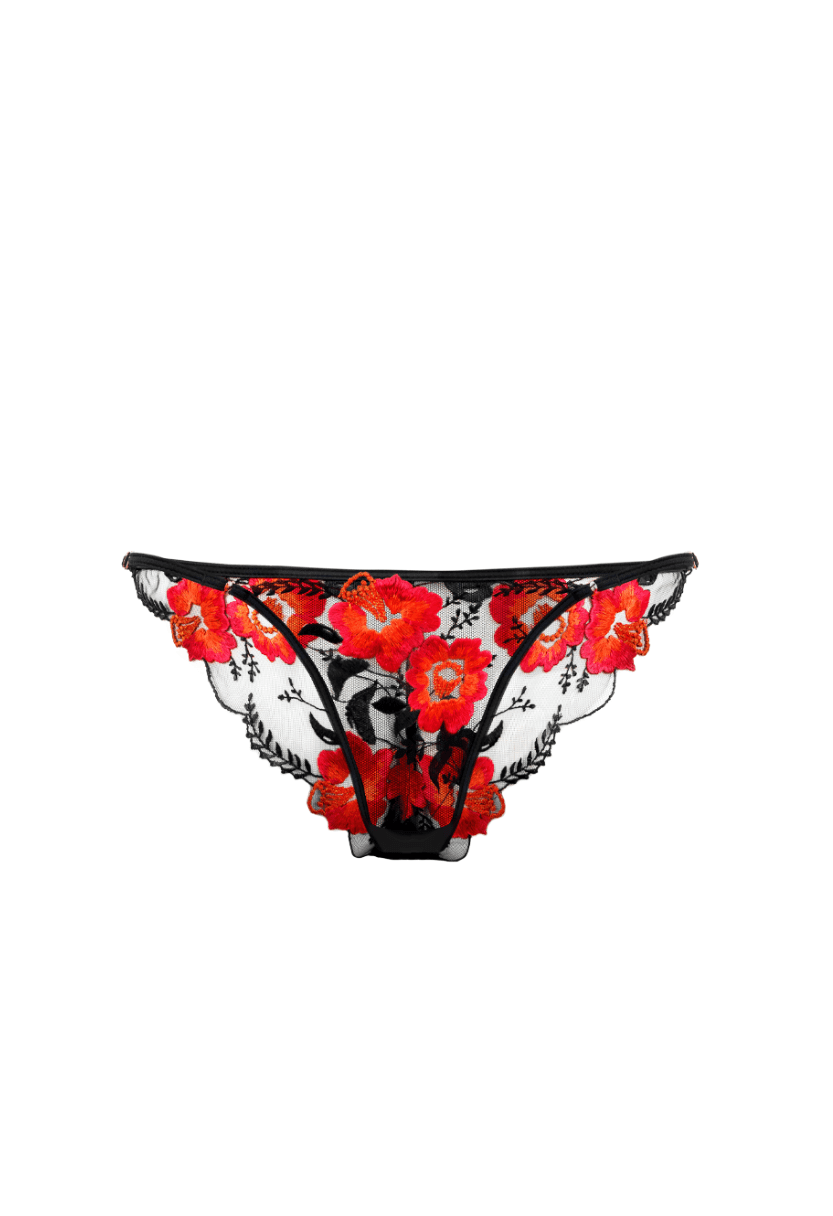 Lily black bikini panty with red floral embroidery