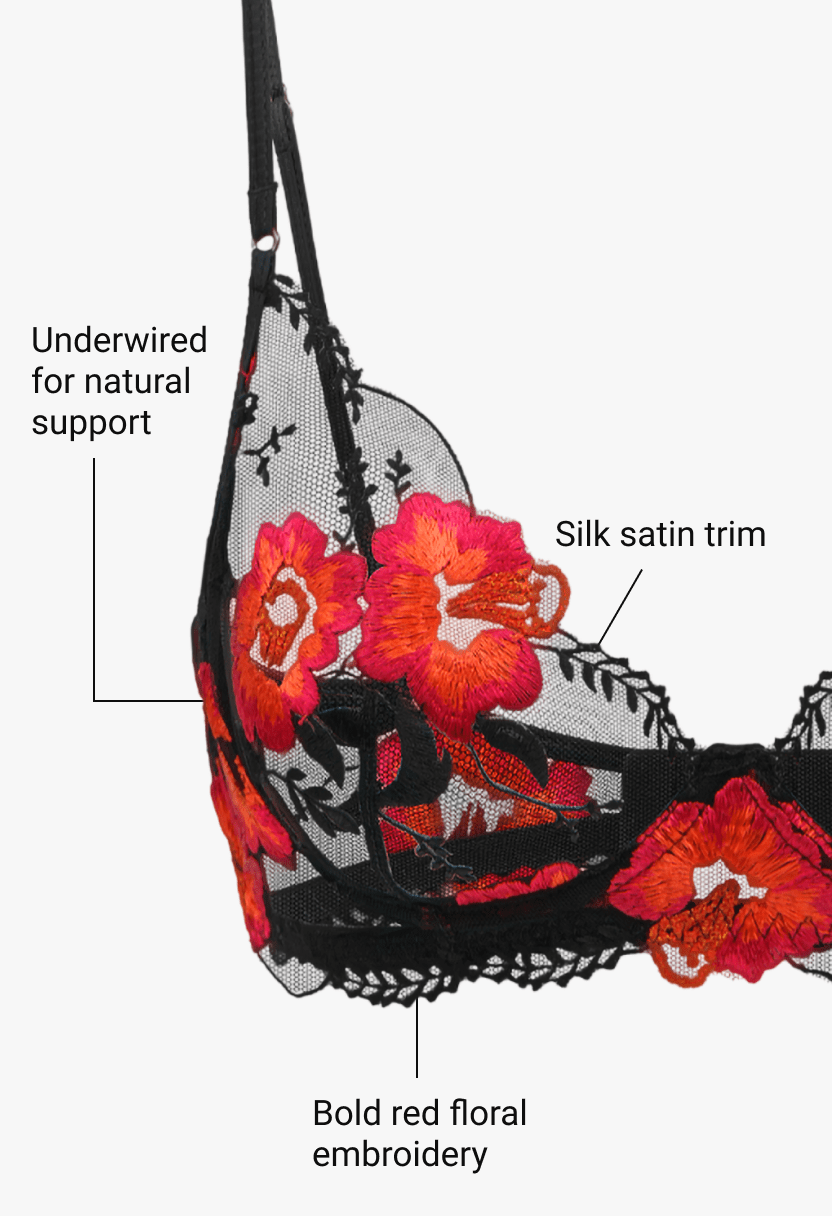 Lily black mesh bra with red floral embroidery