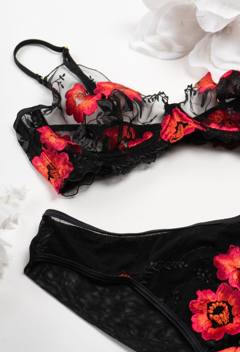 Lily black bra and brief with red floral embroidery, close-up flat lay