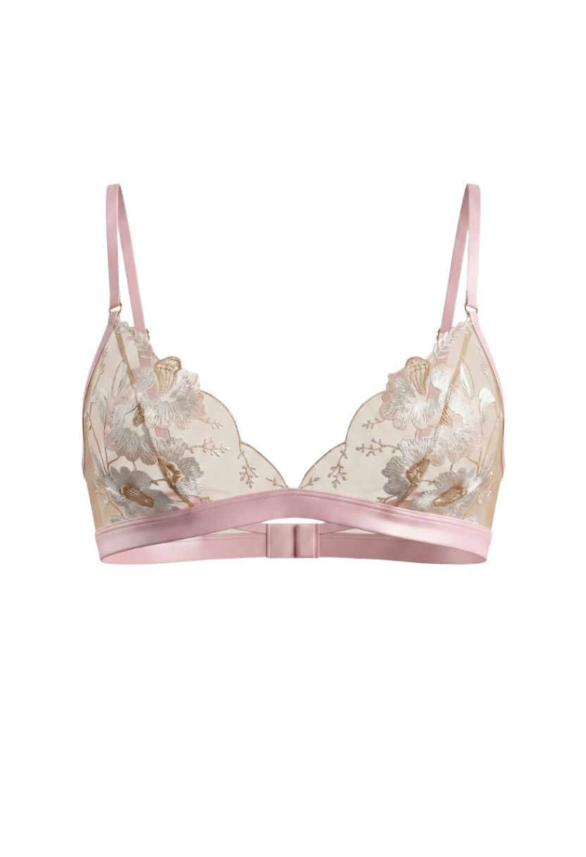 Lily bralette peach with floral embroidery, ghost mannequin front view