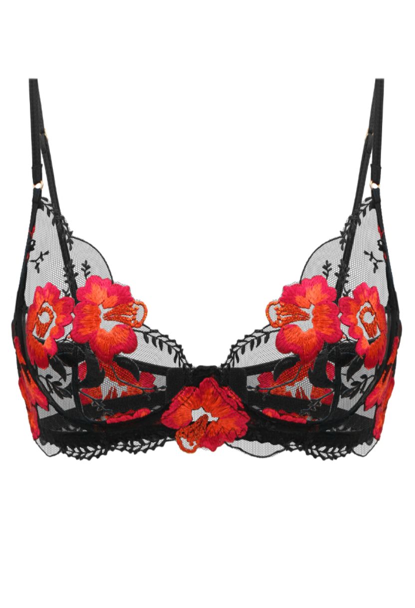 Lily black demi bra with red floral embroidery, ghost mannequin