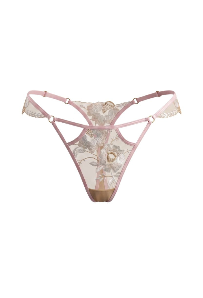 Lily peach cut-out thong with floral embroidery, ghost mannequin front view