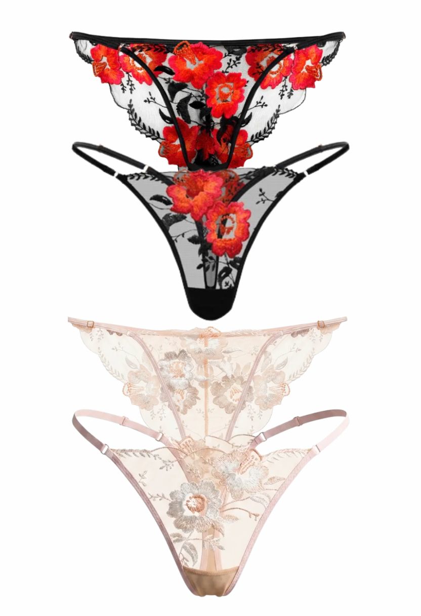 Two pairs of lace thong panties shown on a plain white background: one black with red floral embroidery and one pale blush pink with floral lace applique.