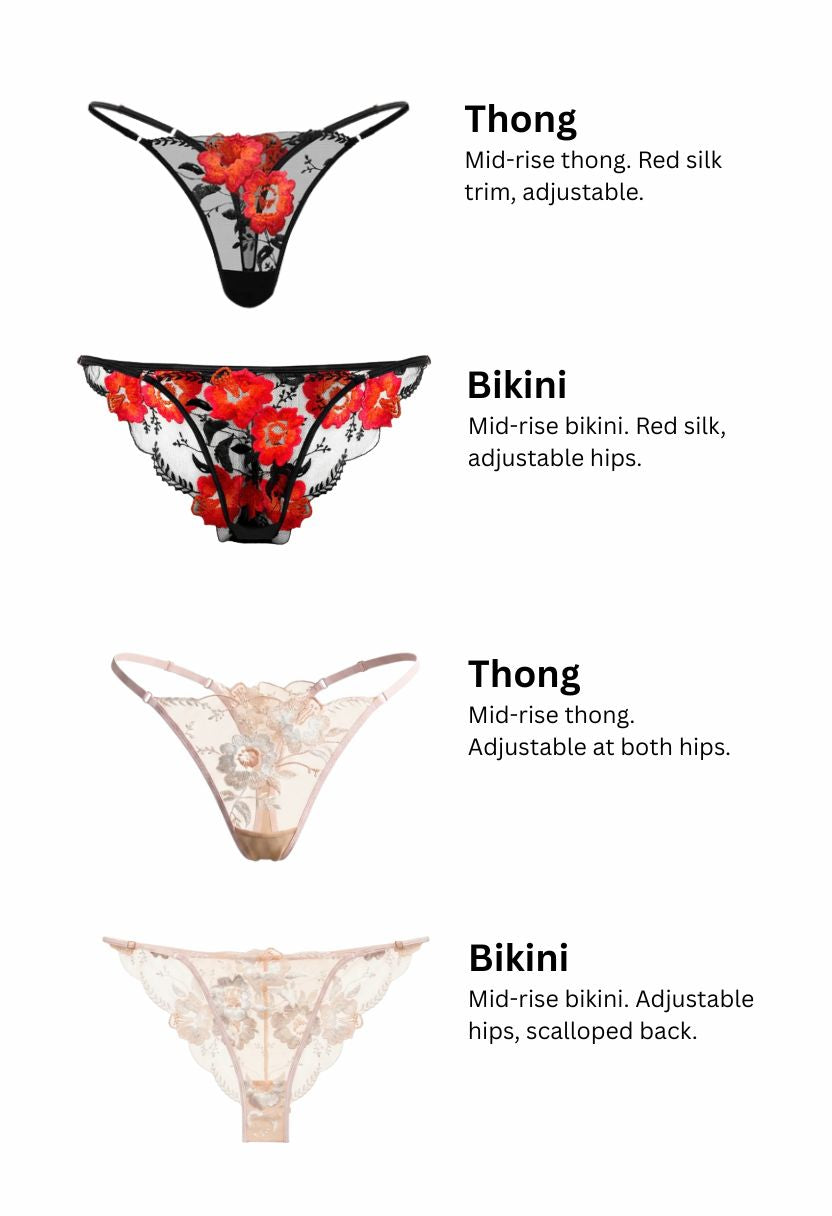 Four pairs of sheer lace thong and bikini underwear are shown on a white background with printed descriptions. The top two are black with red floral prints, and the bottom two are pale pink/nude lace.