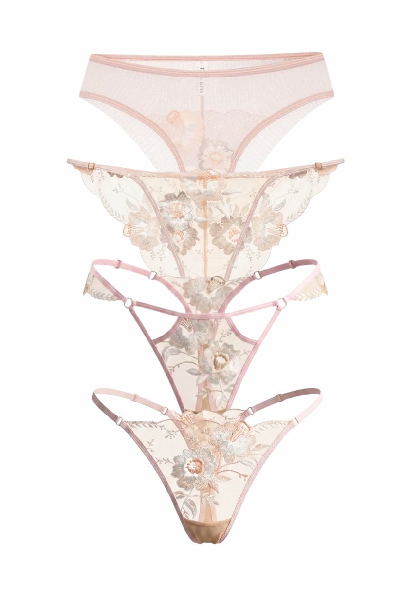 Four sheer lace panties in a vertical stack, featuring light pink and beige tones with floral embroidery and lace detailing, set against a plain white background.