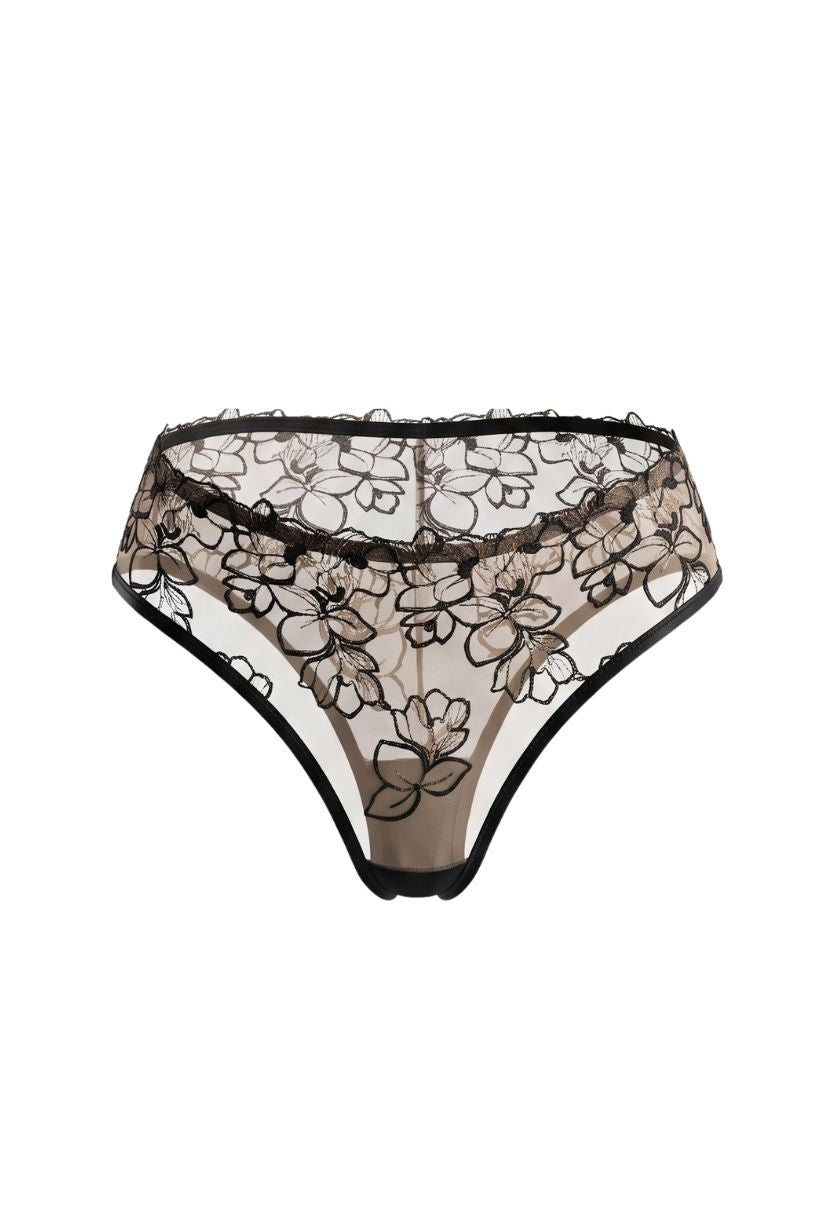 Lorena black Brazilian bikini with floral embroidery, product shot